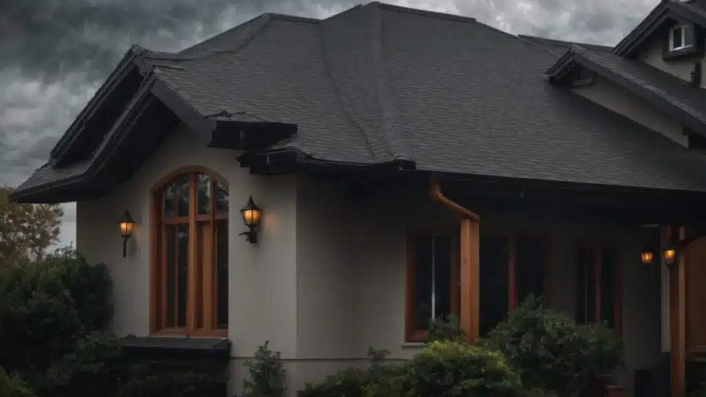 Save Money With Strategic Investments in Asphalt Roof Coating 374 A Dramatic Sky Filled With Swirling Gray Clouds Looms Ominously Over A House, Highlighting A Freshly Inspected, Well-Maintained Roof Shimmering With Raindrops, Symbolizing The Importance Of Proactive Roofing Check-Ups During Bad Weather.